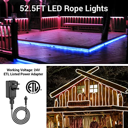 Novostella 16M Outdoor LED Strip Lights Waterproof 52.5ft Smart RGB Rope Light, App Control and RF Remote, Music Sync Color Changing Exterior Tape Lighting Kit for Garden Patio Party, 24V IP65