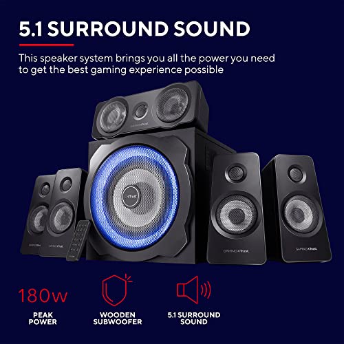 Trust Gaming GXT 658 Tytan 5.1 Surround Sound Speaker System, PC Speakers with Subwoofer, UK Plug, LED Illuminated, 180 W - Black/Blue