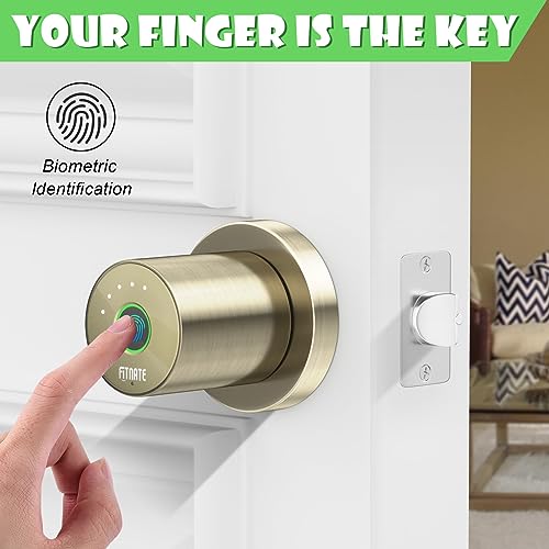 FITNATE Smart Lock Fingerprint Door Knob, Biometric Door Lock Fingerprint Key with App Control, Bluetooth Smart Deadbolt, Touch to Digital Door Lock for Bedroom,Home,Hotel,Office, Bronze Golden