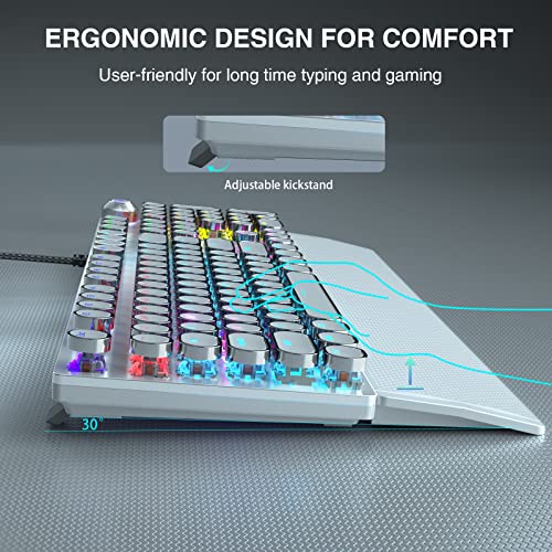 Aula F2088 Typewriter Style Mechanical Gaming Keyboard Blue Switch, with Removable Wrist Rest, Media Control Knob, Rainbow Backlit, Retro Punk Round Keycaps, 108 Keys Wired Computer Keyboard, White