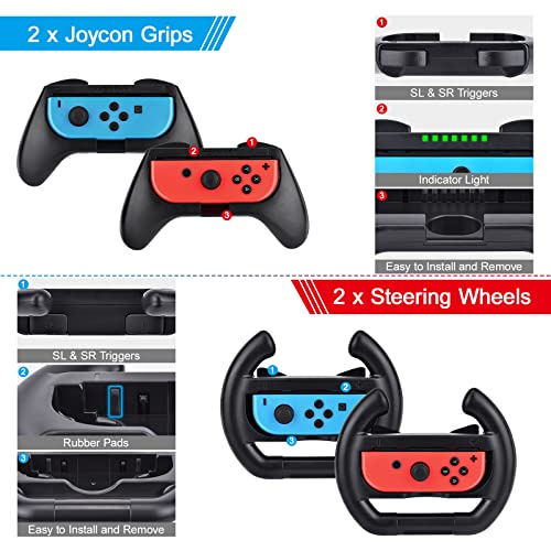 14 in 1 Switch Sports Accessories Bundle, innoAura Switch Sports Bundle with Switch Steering Wheel, Joycon Grip, Tennis Racket, Glof Club, Wrist Strap, Leg Strap Compatible with Switch/Switch OLED