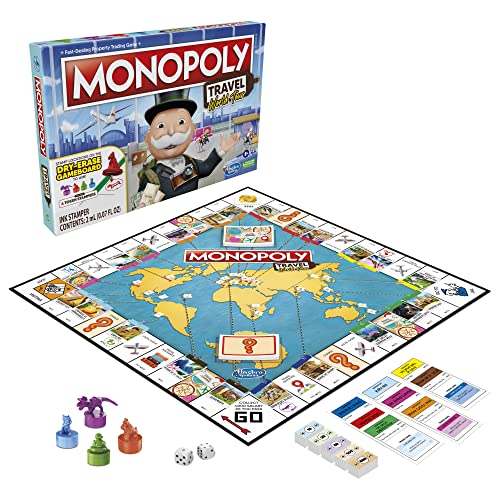 Monopoly World Tour Monopoly Board Game, with Token Stampers and Dry-Erase Gameboard, Board Games for Family Game Night