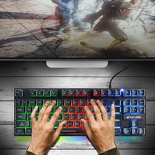 60% Gaming Keyboard, 87 Keys Mechanical Feeling Multi Color RGB Illuminated LED Backlit Wired Light Up Keyboard, Anti ghosting Mini Compact Waterproof TKL PBT Keycaps for PC/Laptop/Computer, Black