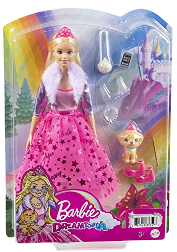 Barbie Princess Adventure Doll in Princess Fashion (12-in Blonde) Barbie Doll with Pet Puppy, 2 Pairs of Shoes, Tiara and 4 Accessories, for 3 to 7 Year Olds, GML76