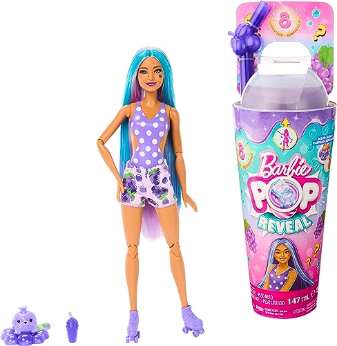 Barbie Pop Reveal Fruit Series Doll, Grape Fizz Theme with 8 Surprises Including Pet & Accessories, Slime, Scent & Color Change, HNW44