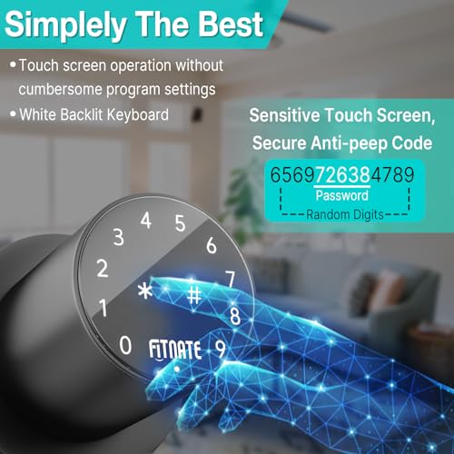 FITNATE Keypad Door Knob, Touch-Screen Digital Door Lock for Keyless Entry, Electronic Door Lock with Spare Keys, Easy to Operate and Install,15 User Passcode for Bedroom, Home and Office,Black