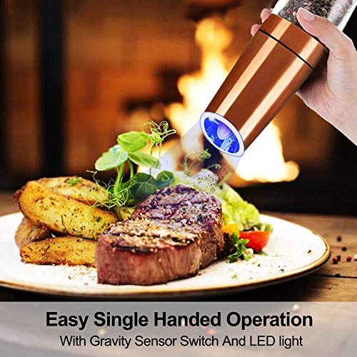 sdlogal Salt and Pepper Mill Electric (Copper, 2 Pieces), Gravity Automatic Operation Spice Mills with LED Light, Adjustable Coarse Mechanism, Battery Operated, Salt Mill for Home, Kitchen