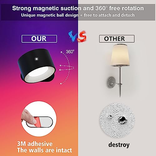 Wall Light Indoor, Wall Lamp Dimmable with Battery with USB Charging Port, Smart Wall Lamp Touch Control 3 Brightness Levels 16 Million Colours 360° Rotatable for Living Room (Black+Colorful Light)