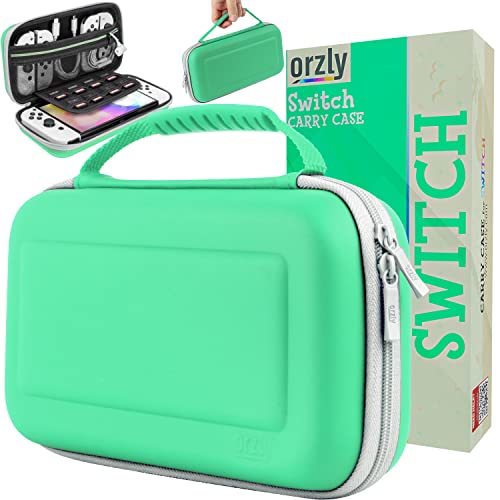 Orzly Carry Case for White Nintendo Switch OLED Console with Accessories and Games Storage Compartment - Easy Clean Case Gift Boxed Edition (Green/White)