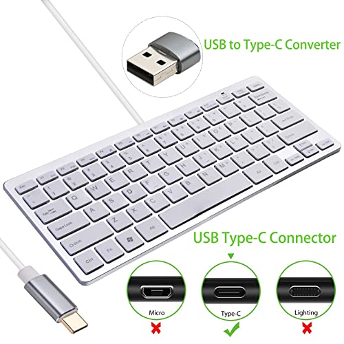 Powboro USB C Mini Keyboard Compact Small Slim Wired Keyboard USB-C Connection,Ultra Thin Design 78 Scissor Keys for Andriod, Computer, Laptop, PC,Desktop (White)