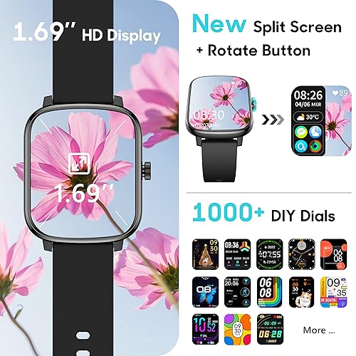 Popglory Smart Watch for Women Men Kids, 1.69" Smartwatch, 48mm Fitness Tracker Watch with Blood Pressure and Heart Rate Monitor 100+ Sports Waterproof Fitness Watch, Long Standby for Android iOS