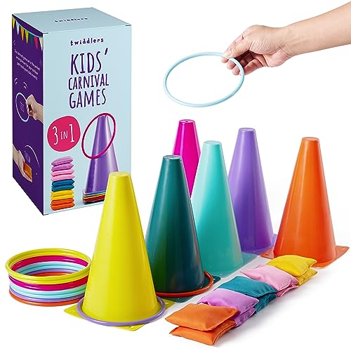 THE TWIDDLERS - 3 in 1 Ring Toss Party Game for Kids Play - Colourful Hoops and Cones, Bean Bag Throwing Toy for Children Carnival, Birthday Outdoor Fun Activity