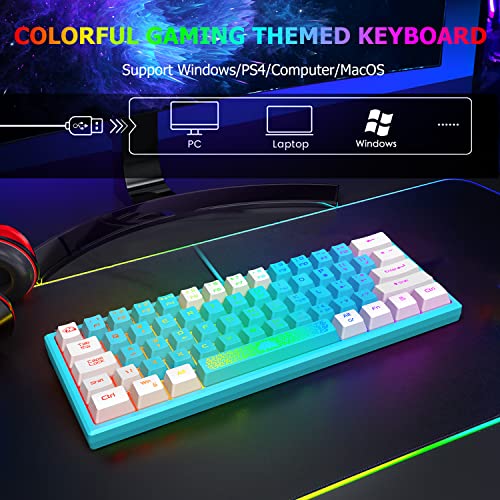 K61 UK Layout 60% Gaming Keyboard Wired 61 Keys RGB LED Backlit 7 Lighting Effects Waterproof Keyboard Mechanical Feeling 19 keys Anti Ghosting for Laptop MAC ps4- Blue and White Mixed-Colored Keycaps