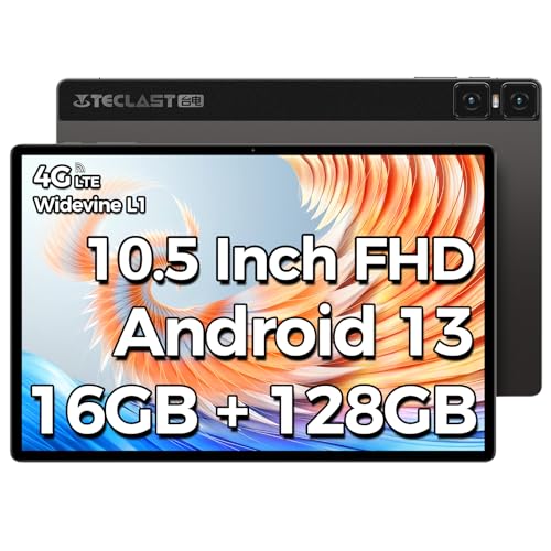 TECLAST T45HD Android 13 Tablet 10.5 Inch, 16 GB RAM+128 GB ROM (TF 1TB) Tablet, 1920 x 1200 FHD, T606 Octa core, 4G LTE+5G WiFi, 13 MP+8 MP, 7200 mAh, Type C|GPS/SIM Card/3.5mm Jack 2023