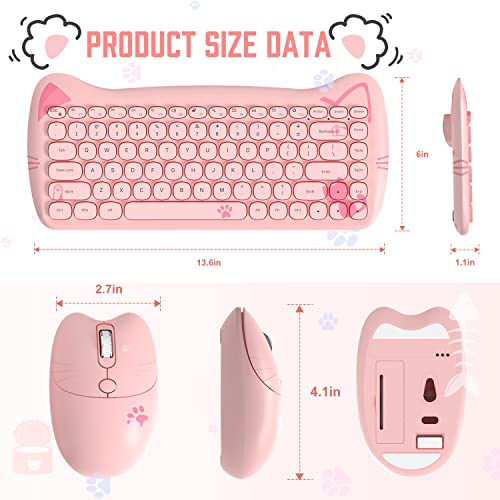 AJAZZ A3060 - Cute Cat Pink PC USB Wireless Keyboard and Mouse Set, 84 Keys Retro Typewriter Round Key caps 65 percent, Small Cordless Aesthetic Mouse, Compatible Mac Laptop Computer for office game
