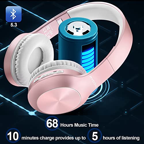 Rydohi Bluetooth Headphones Over Ear, 68H Playtime and 3 EQ Music Modes Wireless Headphones with Microphone/Deep Bass, HiFi Stereo Foldable Lightweight Headset for PC Home Travel Office (ROSE GOLD)