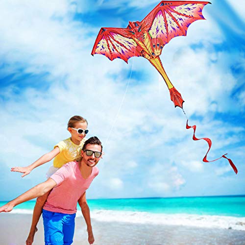 Dragon Kite for Kids and Adults-Easy to Fly, Beginner Kite-55 x 62inch with Spinning Tail 200ft Kite String, Kites Kids(RED)