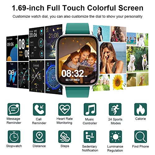 Smart Watch, Fitness Tracker 1.69" Touch Screen Heart Rate Sleep Monitor, IP68 Waterproof Fitness Watch, 24 Modes, Pedometer Step Activity Trackers Smartwatch for Men Women for Android iOS Cyan