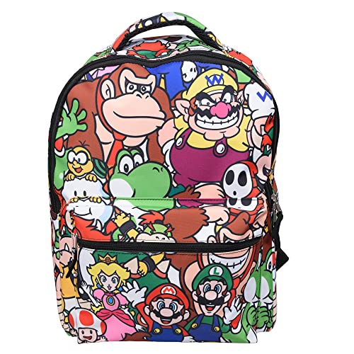 Nintendo’s Super Mario Backpack for Boys & Girls, School Bag with Front Pocket, Allover Character Print Gaming Bookbag with Padded Back and Adjustable Mesh Straps, Black, Laptop