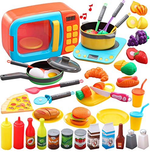 JOYIN 45 PCS Microwave Cooking Play Toy with Pretend Cutting Food Toy & Kitchen Utensil Cookware Pots& Pans Set Kitchen Playset for Kids