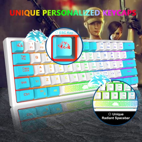 K61 UK Layout 60% Gaming Keyboard Wired 61 Keys RGB LED Backlit 7 Lighting Effects Waterproof Keyboard Mechanical Feeling 19 keys Anti Ghosting for Laptop MAC ps4- White and Blue Mixed-Colored Keycaps