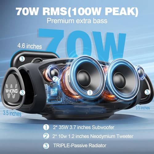 W-KING Portable Bluetooth Speaker Loud with Wireless Microphone, 70W Waterproof Wireless Bluetooth Speaker for Outdoor Party, Deep Bass - Triple Passive Radiators/DSP/42H/TF/AUX/EQ/Power Bank/Opener