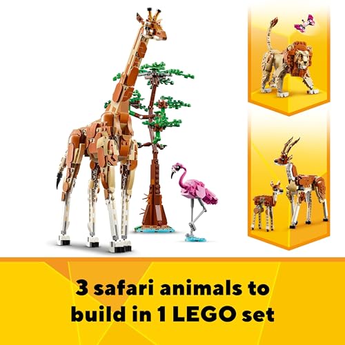 LEGO Creator 3in1 Wild Safari Animals, Giraffe Toy to Gazelle Figures to Lion Model, Set for Kids, Girls & Boys Aged 9 Plus, Includes Flamingo and Butterfly, Nature Gifts for Imaginative Play 31150