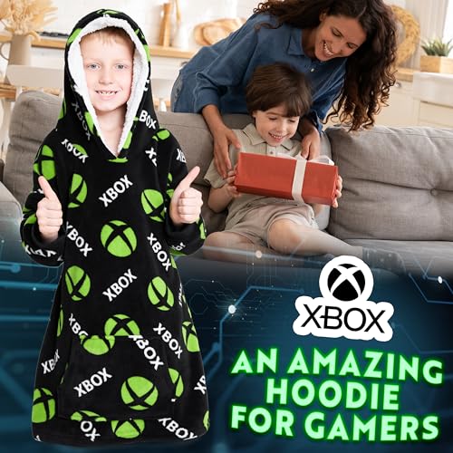 Xbox Fleece Blanket Hoodie for Boys and Teenagers - One Size Cosy Kids Oversized Hoodie Blanket - Gamer Gifts for Boys