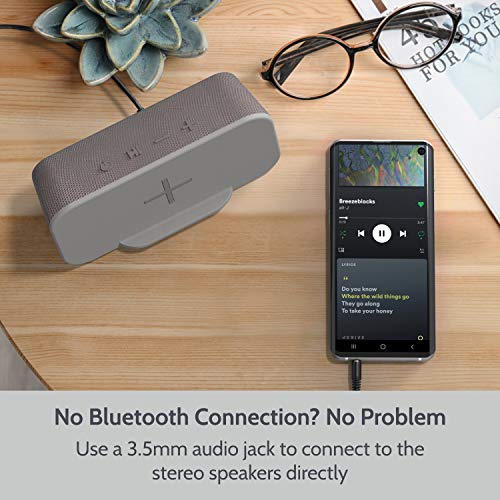 i-Box Wireless Charger, Portable Bluetooth Speaker, Charging Station, Wireless Qi Charger, iPhone and Android Phone Stand, 6W Stereo Speakers, 3.5mm Audio Jack, 4000mAh Rechargeable, Grey