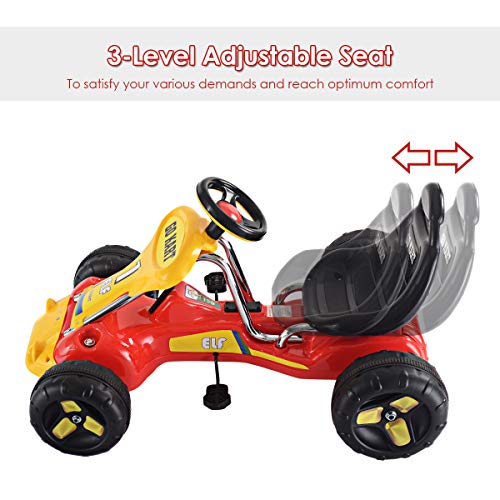 COSTWAY Kids Go Kart, Quad Style Ride On Racer with Adjustable Seat & Non-Slip Wheels, Children Pedal Go-karts for Boys and Girls (Red)