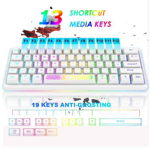 LexonElec K61 60% Percent Compact Gaming Keyboard white keycaps UK Layout, RGB Illuminated LED Backlit Light up Wired Keyboard Mechanical Feel Ergonomic Shortcut for PC Laptop MAC ps4 Gamer Travel