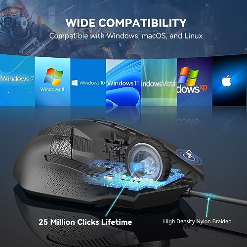TECKNET Wired Gaming Mouse, 8000 DPI Adjustable Optical Sensor USB Computer Mouse, 6 Programmable Buttons & 6 Chroma RGB Backlit, Ergonomic Mice for Laptop Desktop PC/Mac Mouse - Black