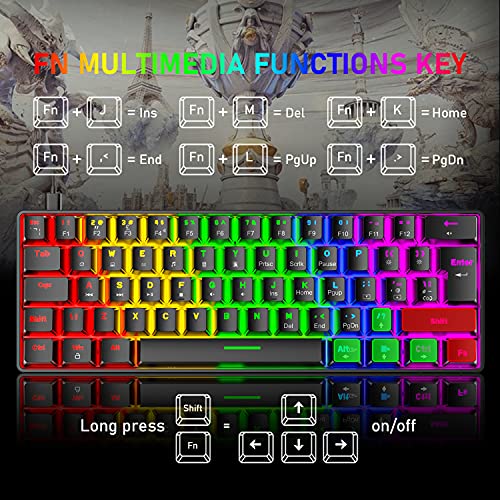 T60 UK Layout 60% Mechanical Keyboard and Mouse Set, Compact 62 Keys Mini Wired Gaming Keyboard 19 Rainbow Backlit + 6400DPI RGB Ultra-Light PC Gaming Mice + Mouse Pad For Laptop/MAC-Black/Red Switch