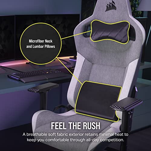 Corsair T3 RUSH Fabric Gaming Chair (2023) – Racing-Inspired Design – Soft Fabric Exterior – Padded Neck Cushion – Memory Foam Lumbar Support – Adjustable Seat Height – Grey & White