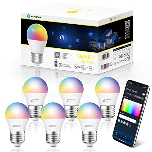 Aigostar Smart Bulb E27, Alexa Light Bulb, WiFi Smart Bulb 6.5W RGBCW LED Colour Changing Light Bulb Compatible with Amazon Alexa and Google Home, Dimmable, No Hub Required, 6 Pack