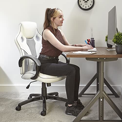 X-Rocker Maverick Gaming Racing Desk Chair, Adjustable Computer Office Chair with Mid-Back Support, PU Leather Height Adjustable Swivel Base Chair with Natural Lumbar Support Curve - White & Grey