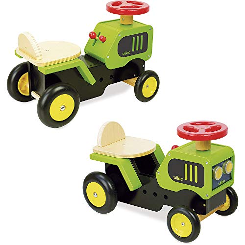 Vilac Wooden Ride on Tractor with Sound Effects, Develops Balance, Motor Skills, Dexterity, Imaginative Play, 18 Months+, 47 x 23 x 31 cm, Green