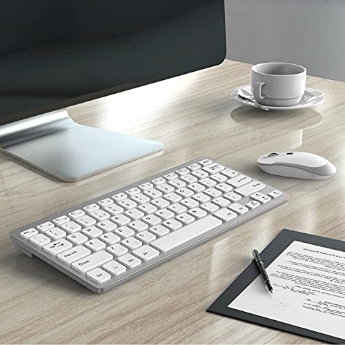 Compact Wireless Keyboard and Mouse Combo, 2.4G Portable Small Cordless Keyboard & Mouse Set UK QWERTY Layout for PC Computer Laptop, White and Silver