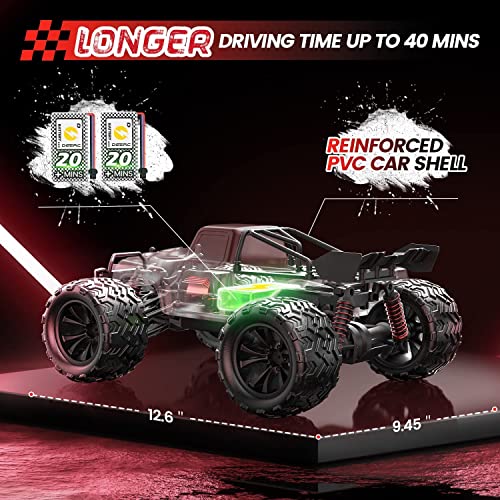 DEERC High Speed Remote Control Cars 25 MPH, 1:16 Scale RC Monster Truck, 4WD All Terrain Off-Road Racing Hobby Car with Lights, 2 Battery for 40 Mins Running, Toy Gift for Adults, Kids