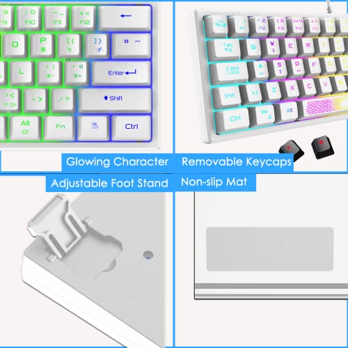 LexonElec K61 60% Percent Compact Gaming Keyboard white keycaps UK Layout, RGB Illuminated LED Backlit Light up Wired Keyboard Mechanical Feel Ergonomic Shortcut for PC Laptop MAC ps4 Gamer Travel