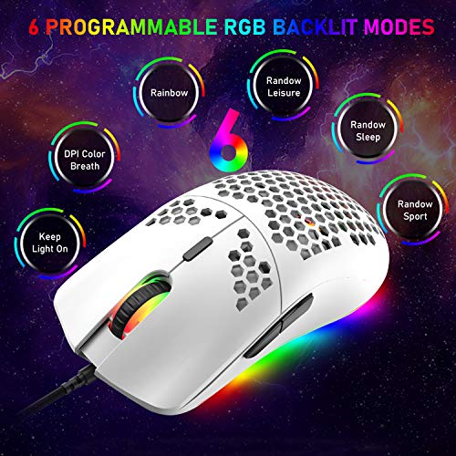 Wired Gaming Mouse, 6 RGB Lighting 6400 DPI Programmable USB Gaming Mice with 6 buttons, Honeycomb Shell Ergonomic Design for PC Gamers and Xbox and PS4 Users -White