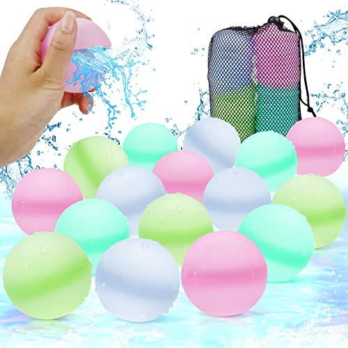 16Pcs Reusable Water Balloons, Silicone Refillable Water Balls Beach Pool toys for Kids Adults, Colorful Summer Toys with Mesh Bag, Outdoor Activities Water Games Toy, Summer Themed Party Gift (C)