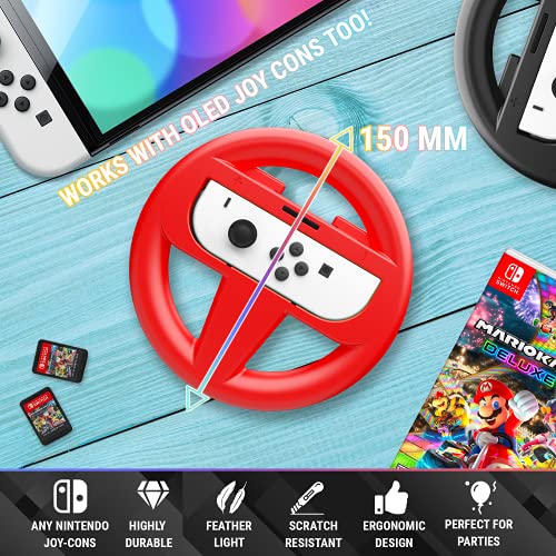 Orzly Steering Wheels for Nintendo Switch & OLED Console - Party Pack (4 Wheels), Steering Wheel Joycon Controller Attachments for Mariokart Switch (2x Black Wheels, 1 x Blue Wheel, 1 x Red Wheel)