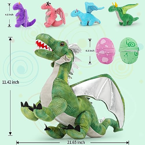 MorisMos Green Dragon Teddy with Babies inside Toy, Lifelike Cuddly Dragons Plush Soft Toys for Boy, Kawaii Dragon Stuffed Animal Gifts for Valentines Birthday Children's Day Party Decorations (55 cm)