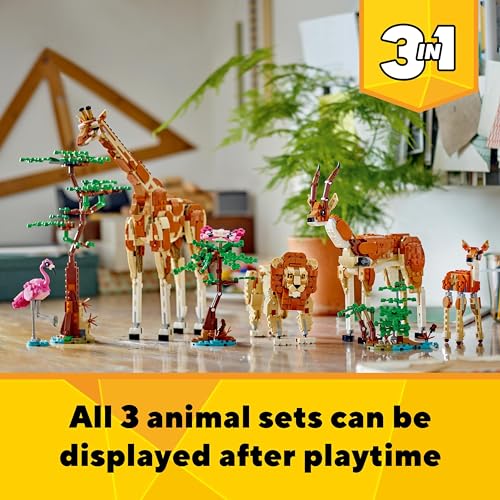 LEGO Creator 3in1 Wild Safari Animals, Giraffe Toy to Gazelle Figures to Lion Model, Set for Kids, Girls & Boys Aged 9 Plus, Includes Flamingo and Butterfly, Nature Gifts for Imaginative Play 31150