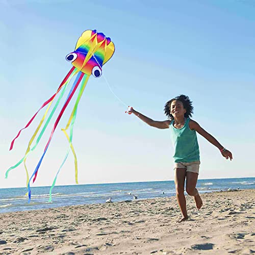 VIKSAUN Huge Rainbow Soft Octopus Kite for Kids and Audlts Large Kite with Long Tail 100m line Great Gift to Boys Girls with Kite String and Handle Beach Trip Outdoor Game (Rainbow)