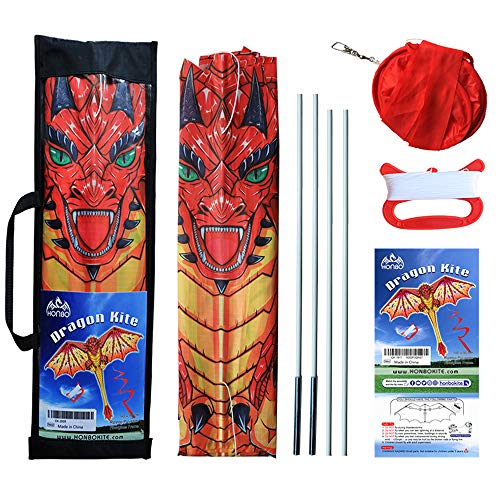 Dragon Kite for Kids and Adults-Easy to Fly, Beginner Kite-55 x 62inch with Spinning Tail 200ft Kite String, Kites Kids(RED)