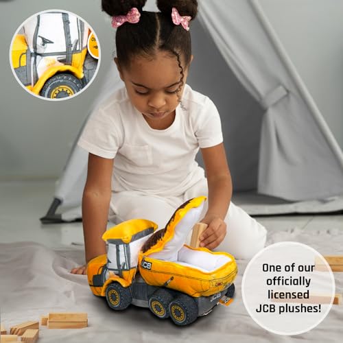 Officially Licensed JCB Dump Truck Soft Toy - Cute Plush Toy for Kids and Collectors with zipped storage pouch - Iconic Construction Vehicle