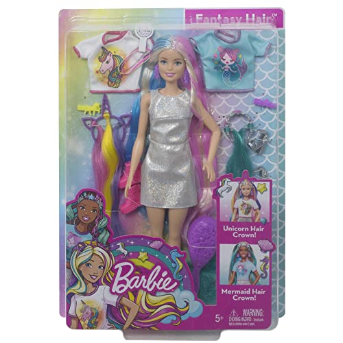 Barbie Fantasy Hair Doll, Barbie Doll with Colourful Blonde Hair, Unicorn Hair Crown and Mermaid Hair Crown, Doll Accessories, Toys for Ages 5 and Up, One Doll, GHN04