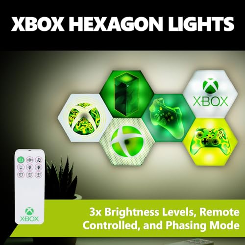 Paladone Hexagon LED Lights, Xbox Free Standing or Wall Mountable Customizable Game Room Decor Lighting with Remote-Controlled Light Phasing and Music Reactive Modes